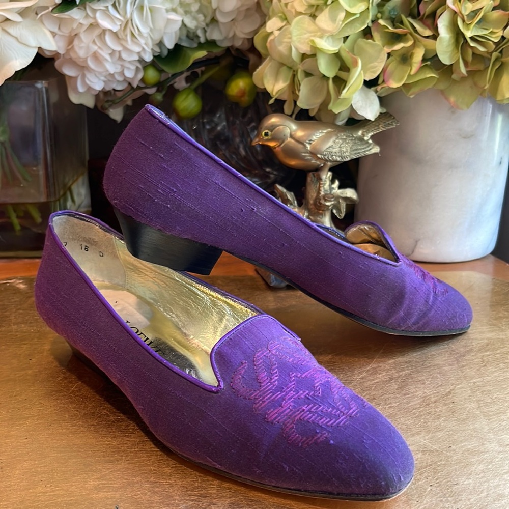 Loewe Monogram Loafers in Purple Embroidered Silk